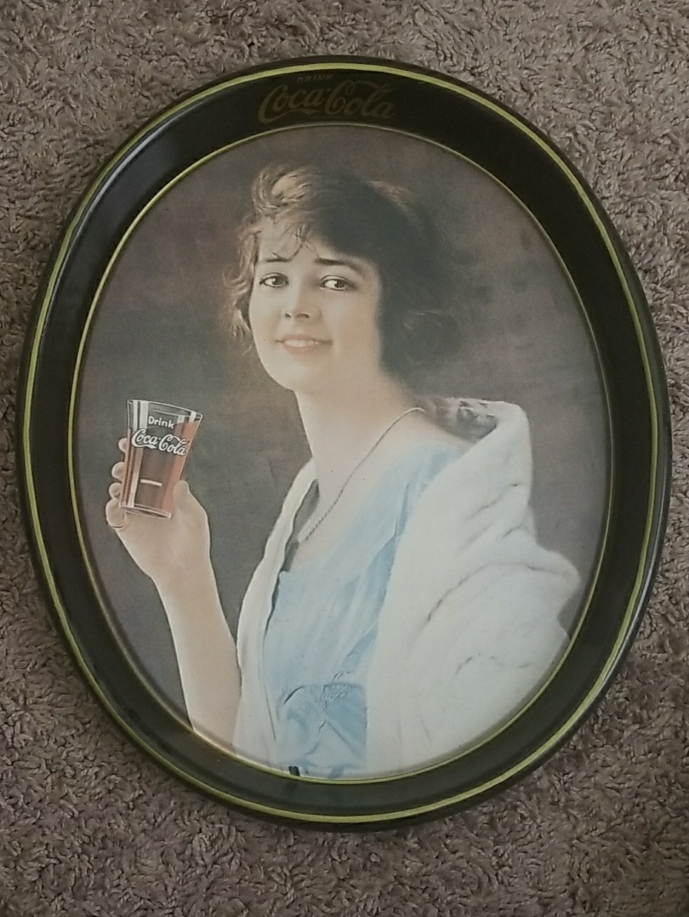 Coca-Cola Black and Pale Blue Oval Serving Tray with Woman